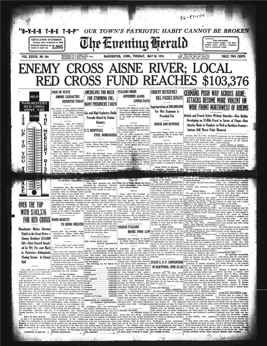 Enemy Cross Aisne River; Local Red Cross Fund Reaches $103,376