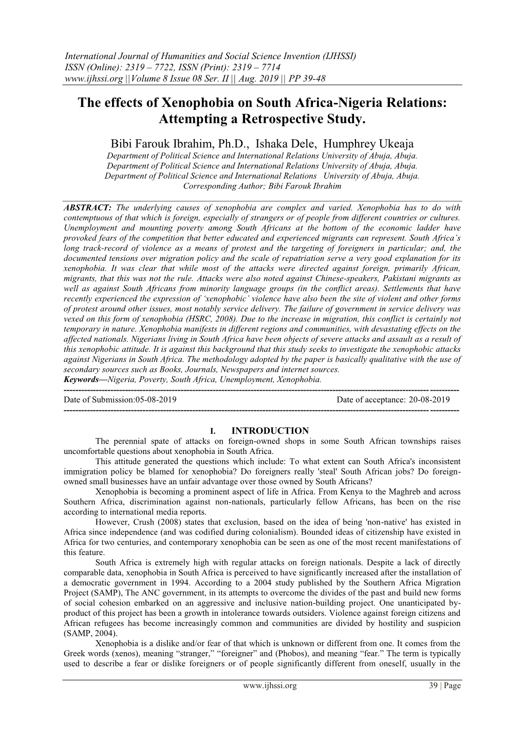 The Effects of Xenophobia on South Africa-Nigeria Relations: Attempting a Retrospective Study