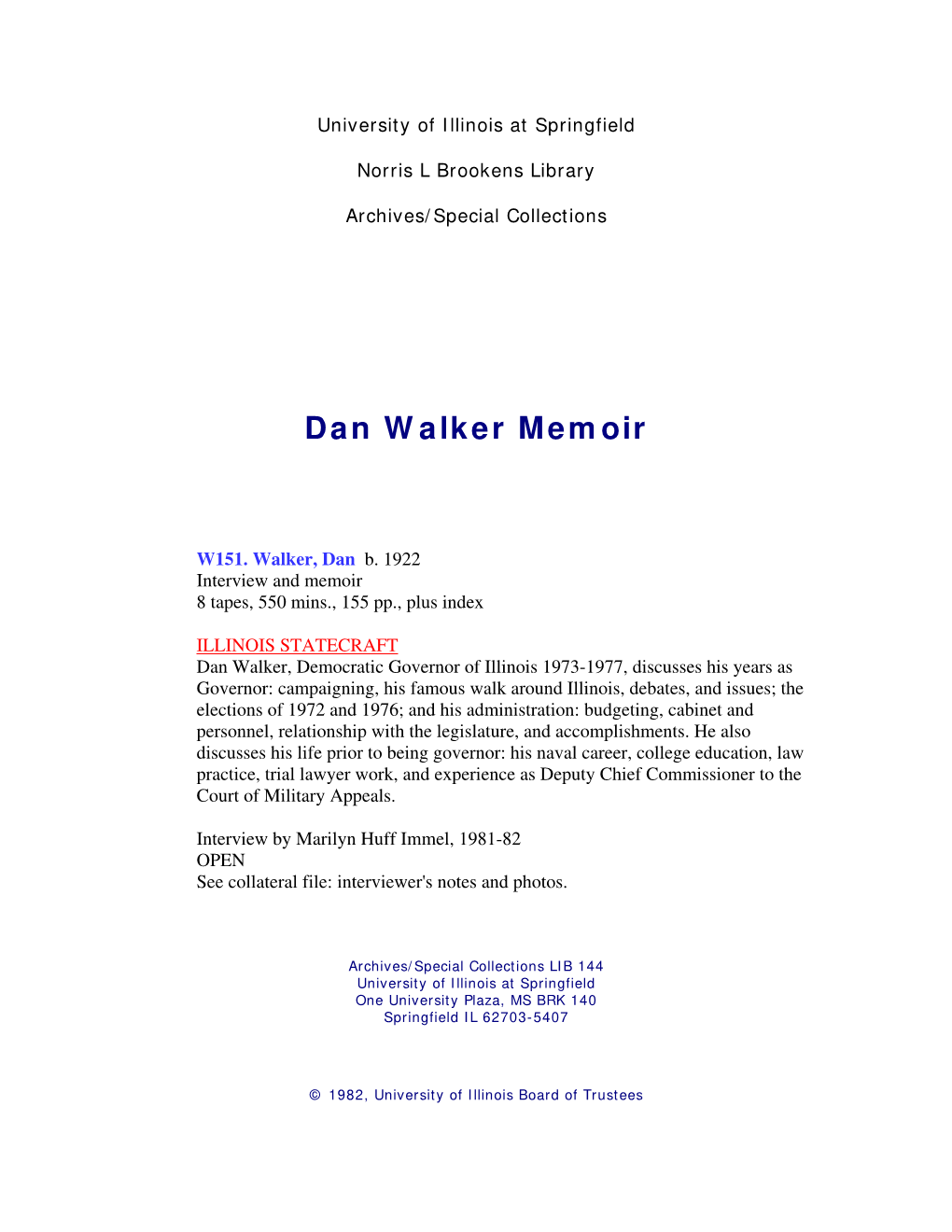 Dan Walker Memoir