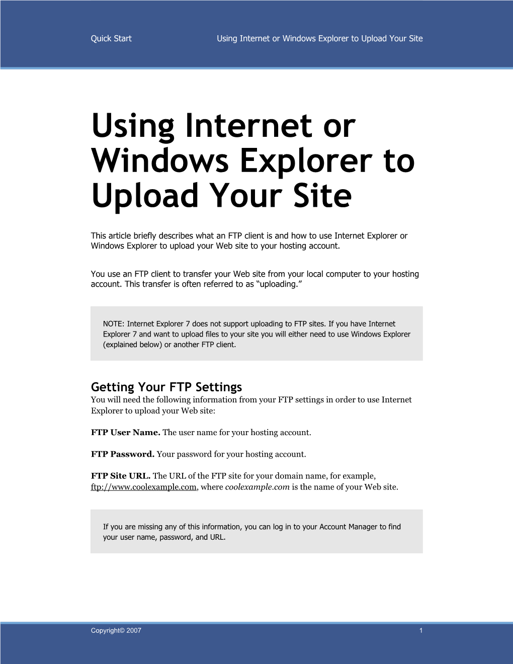 Using Internet Or Windows Explorer to Upload Your Site