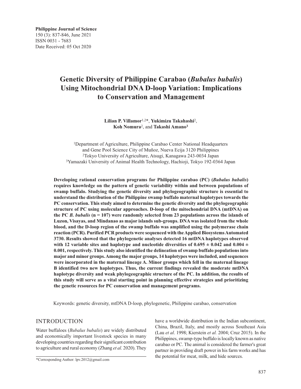 Genetic Diversity of Philippine Carabao (Bubalus Bubalis) Using Mitochondrial DNA D-Loop Variation: Implications to Conservation and Management