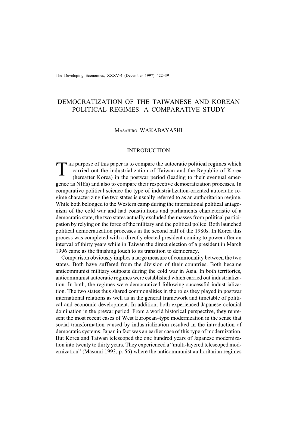 Democratization of the Taiwanese and Korean Political Regimes: a Comparative Study