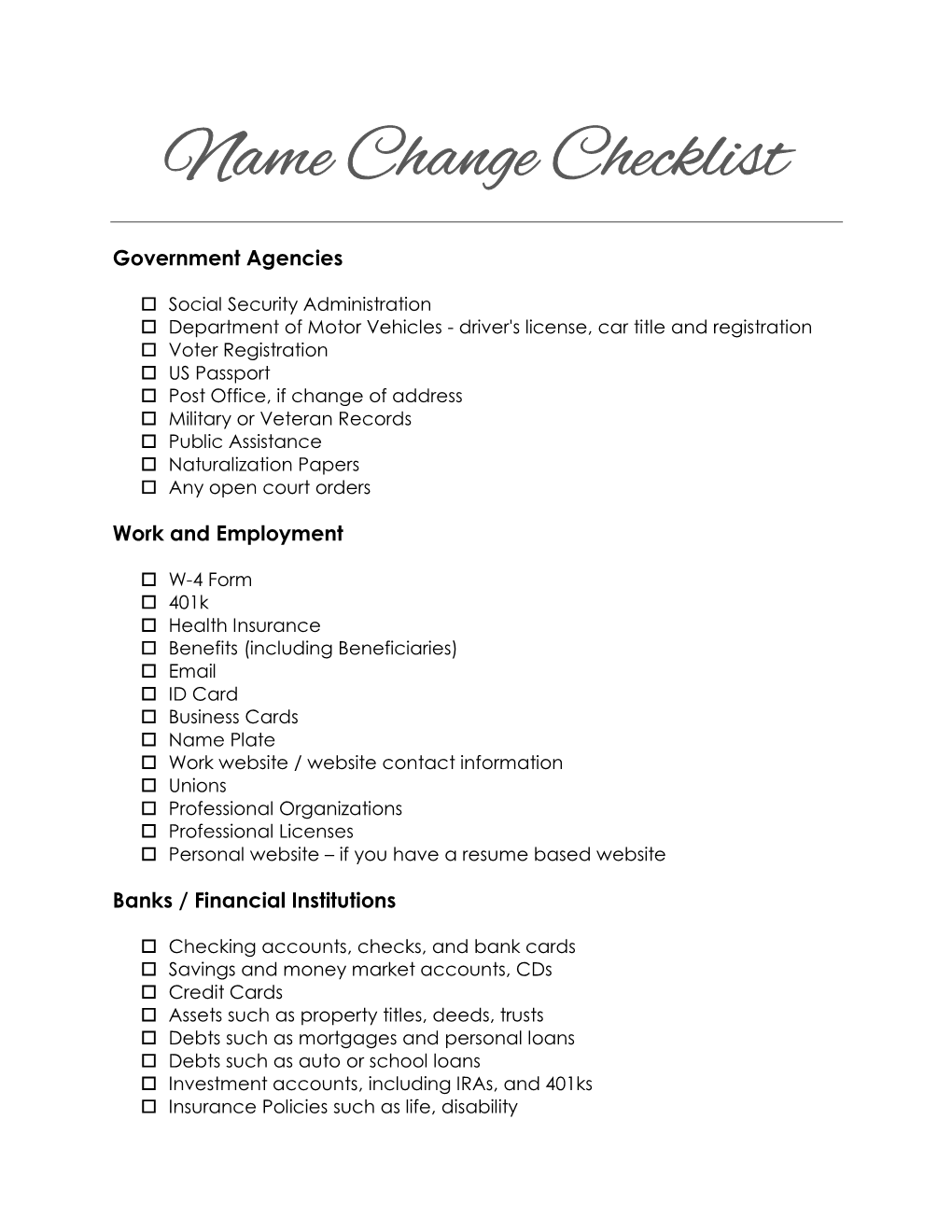 Name Change Checklist