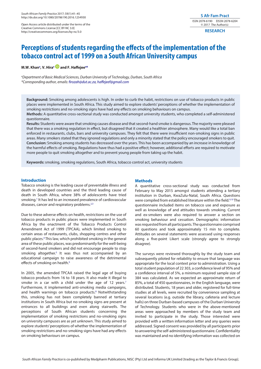 Perceptions of Students Regarding the Effects of the Implementation of the Tobacco Control Act of 1999 on a South African University Campus