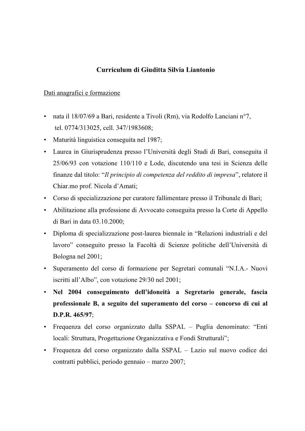 Curriculum Di Giuditta Silvia Liantonio