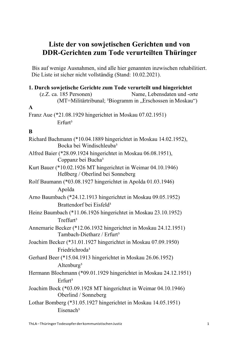 Liste Der Von Sowjetischen Gerichten Und Von DDR-Gerichten Zum Tode Verurteilten Thüringer