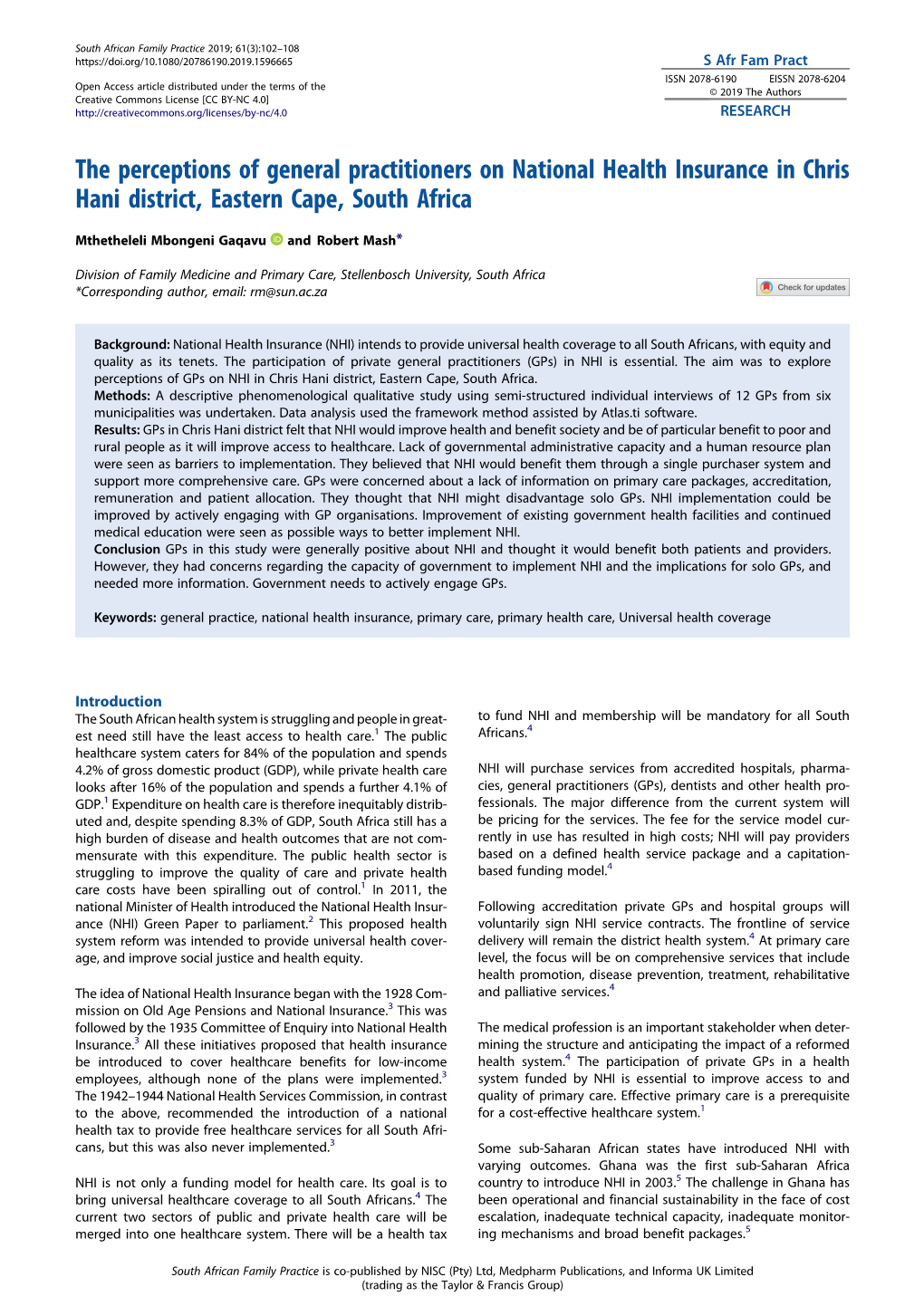 The Perceptions of General Practitioners on National Health Insurance in Chris Hani District, Eastern Cape, South Africa