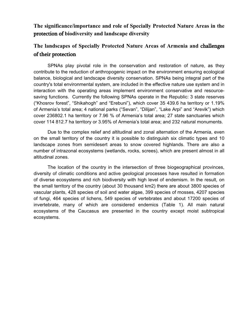 The Significance/Importance and Role of Specially Protected Nature Areas in the Protection of Biodiversity and Landscape Diversity