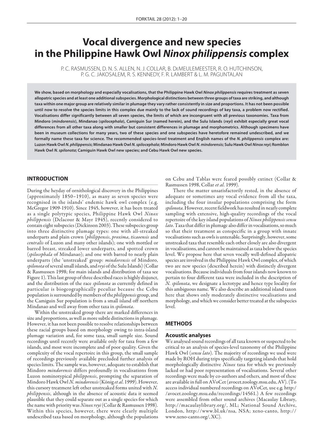 Vocal Divergence and New Species in the Philippine Hawk Owl Ninox Philippensis Complex