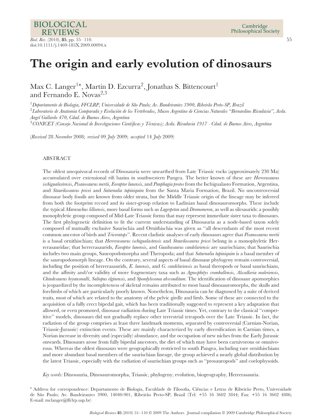 The Origin and Early Evolution of Dinosaurs