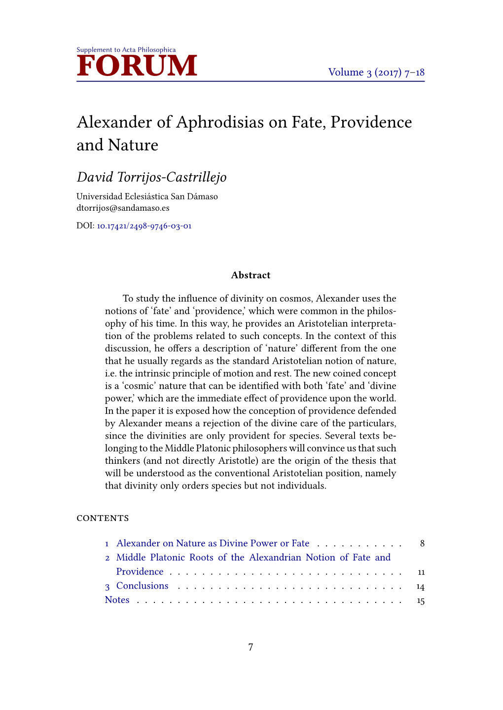 Alexander of Aphrodisias on Fate, Providence and Nature