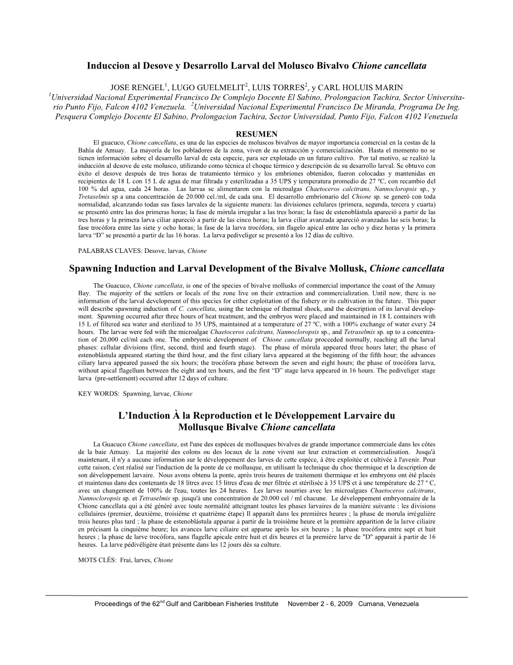 Induccion Al Desove Y Desarrollo Larval Del Molusco Bivalvo Chione Cancellata