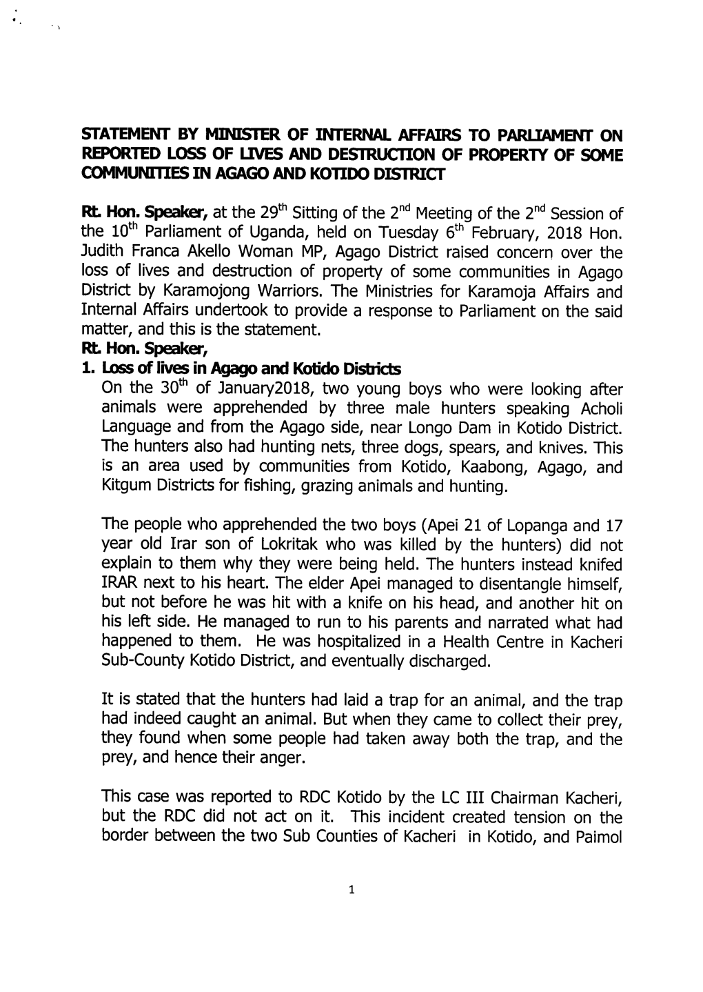 Judith Franca Akello Woman MP, Agago District Raised Concern Over the Loss of Lives and Destruction of Property of Some Communit