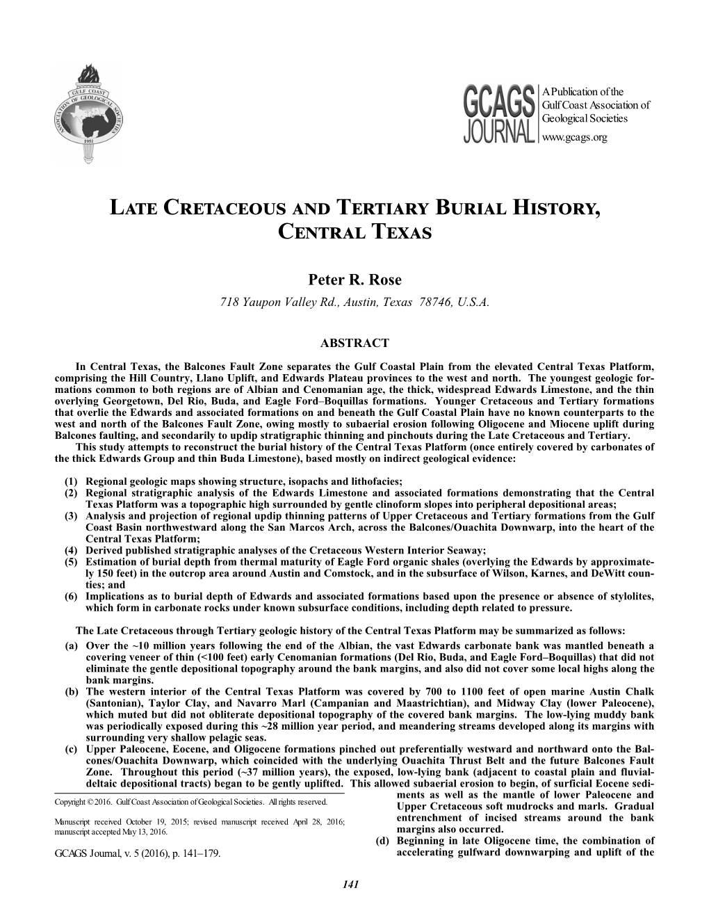 Late Cretaceous and Tertiary Burial History, Central Texas 143