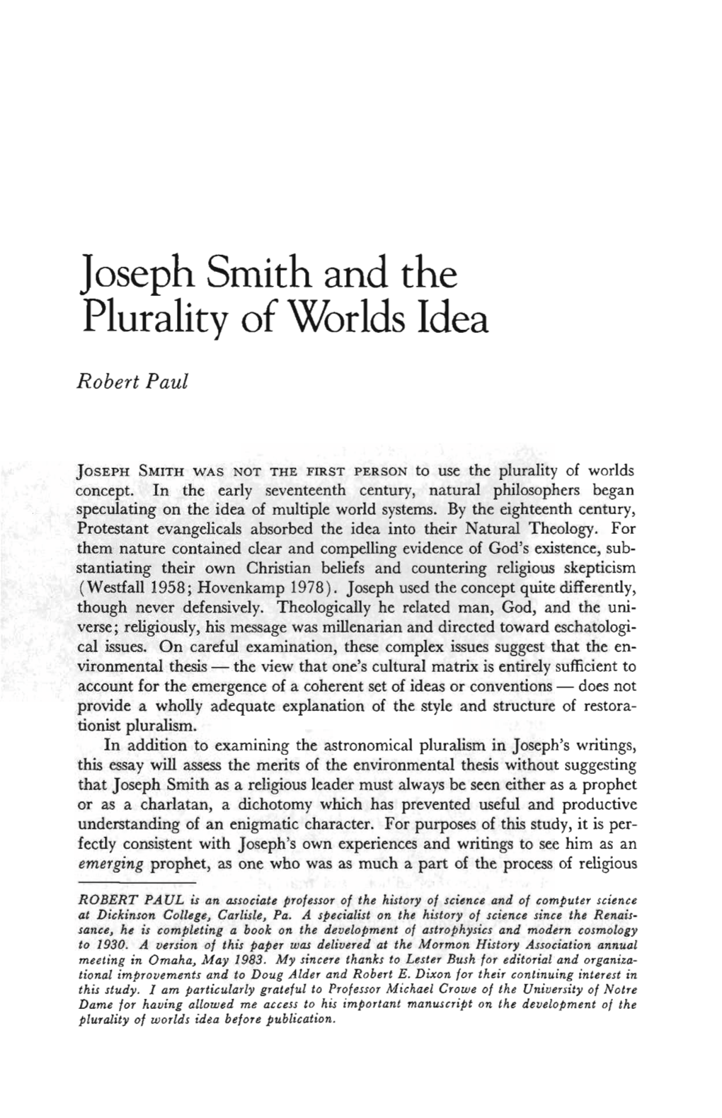 Joseph Smith and the Plurality of Worlds Idea