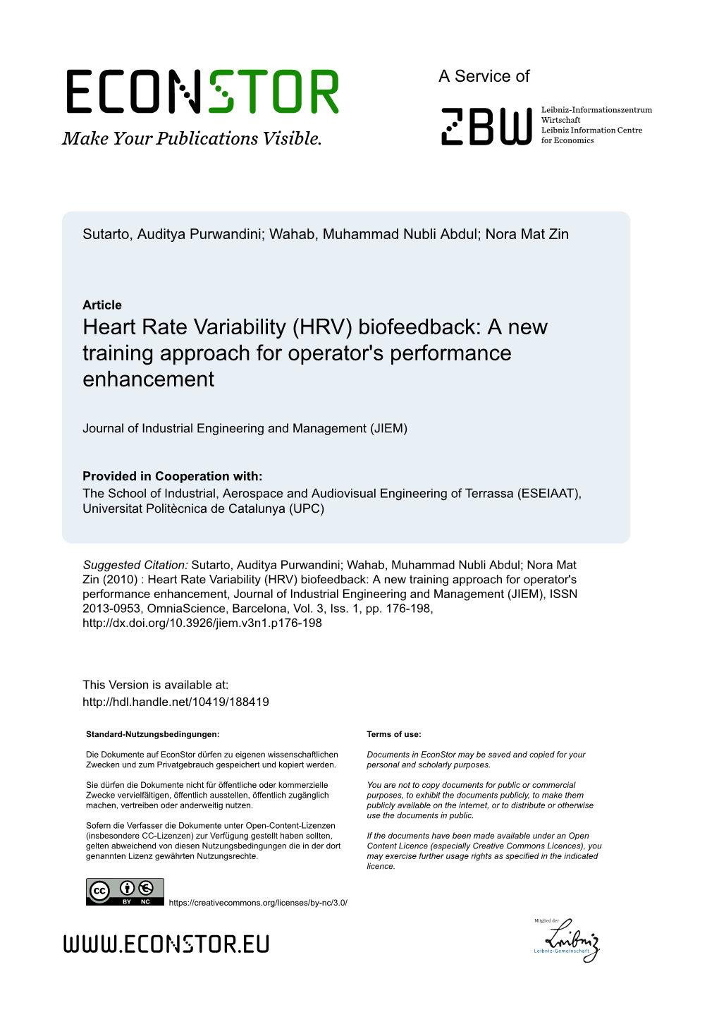 Heart Rate Variability (HRV) Biofeedback: a New Training Approach for Operator's Performance Enhancement
