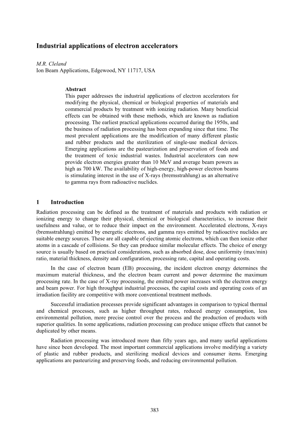 Industrial Applications of Electron Accelerators