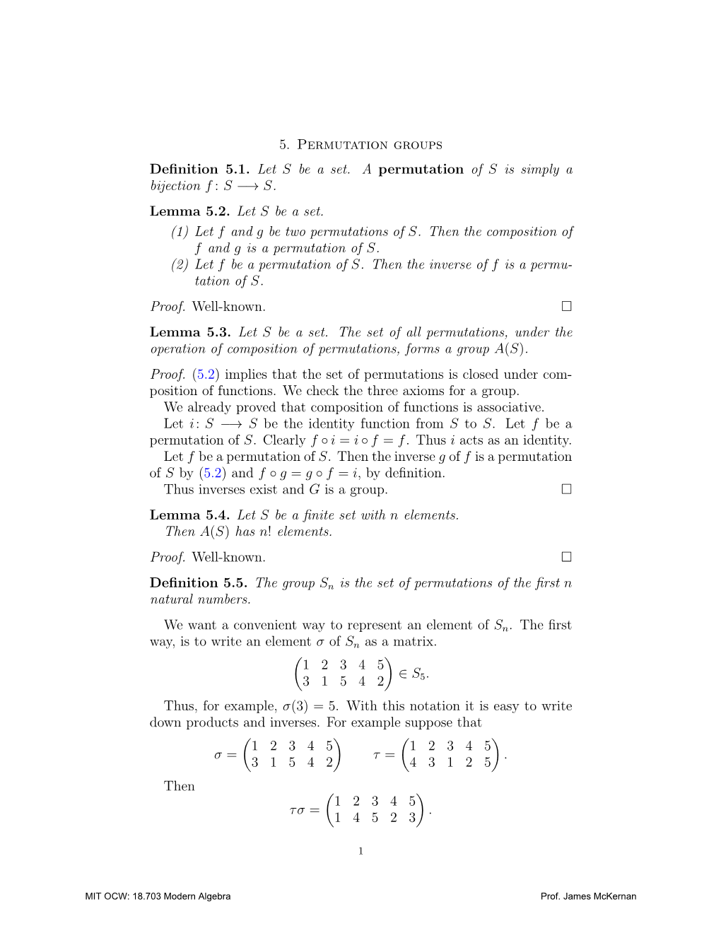 18.703 Modern Algebra, Permutation Groups