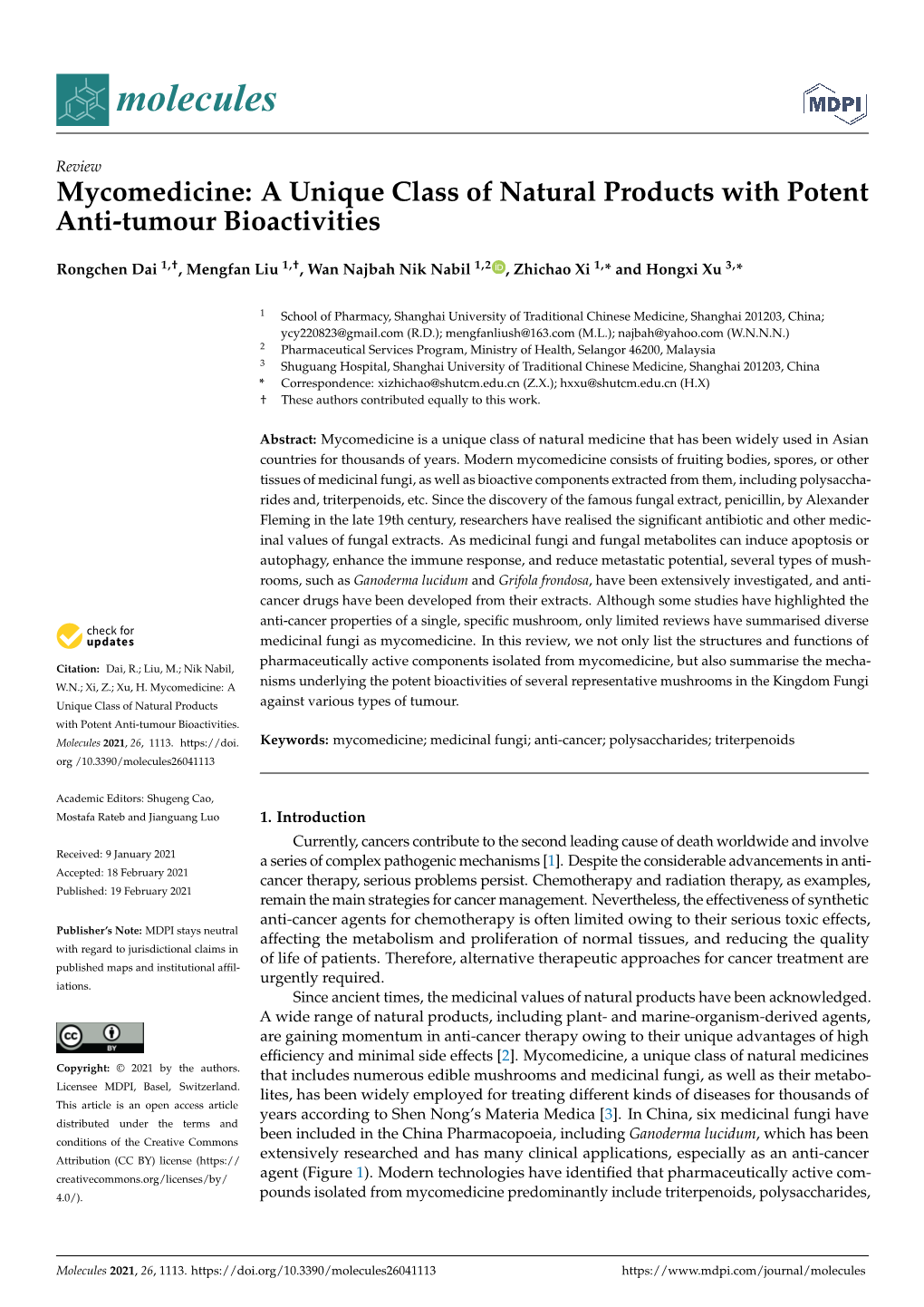 Mycomedicine: a Unique Class of Natural Products with Potent Anti-Tumour Bioactivities