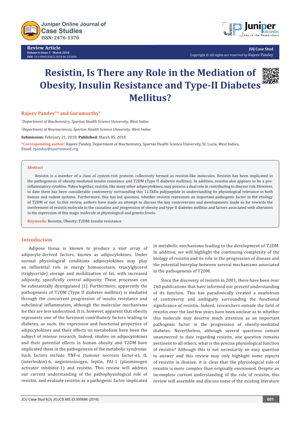 Resistin, Is There Any Role in the Mediation of Obesity, Insulin Resistance and Type-II Diabetes Mellitus?