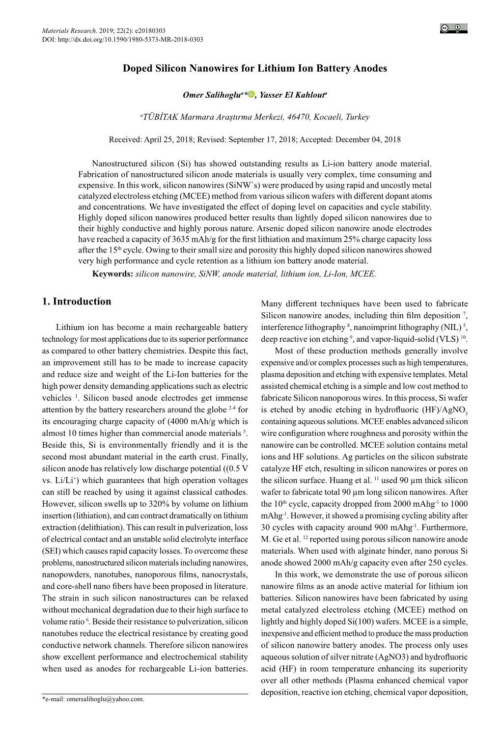 Doped Silicon Nanowires for Lithium Ion Battery Anodes 1. Introduction