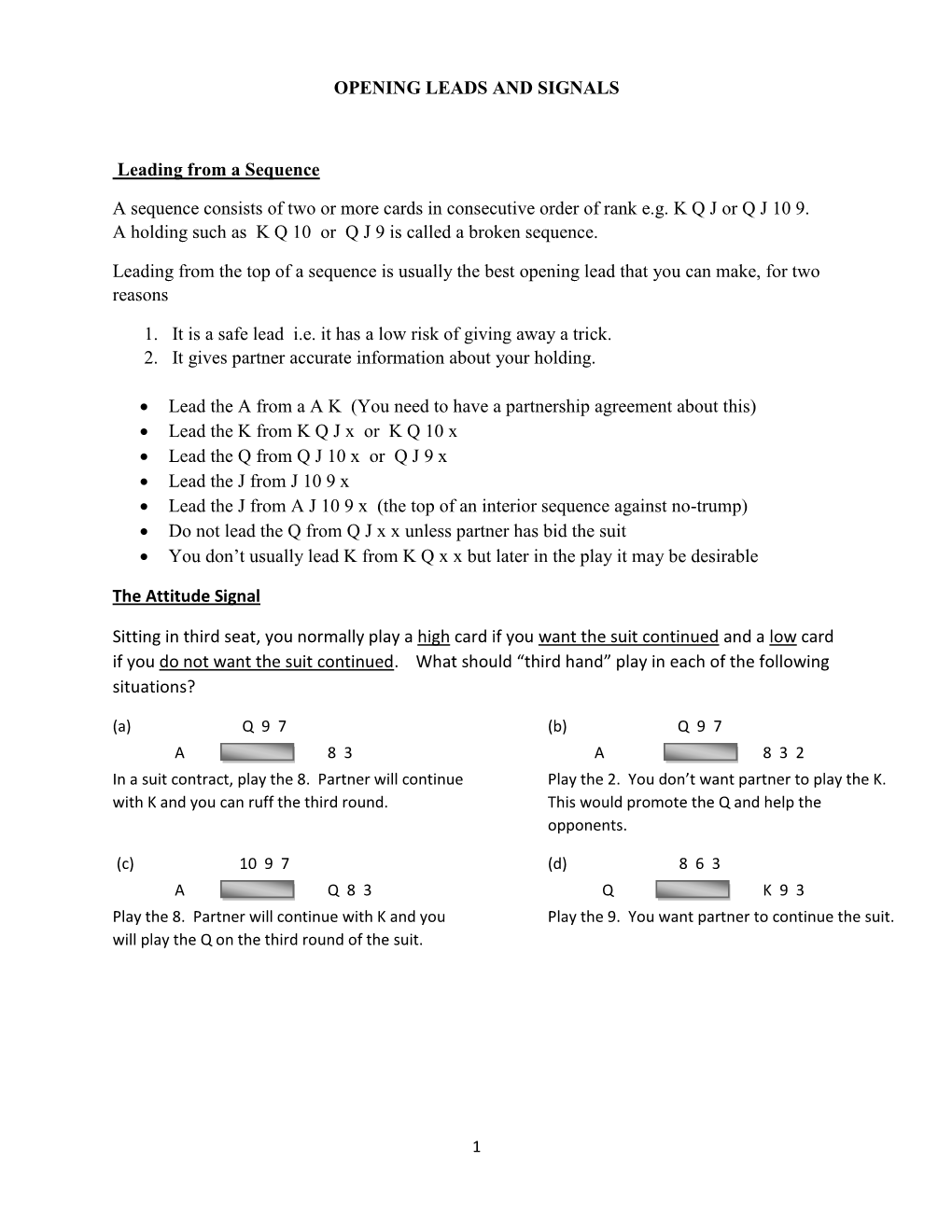 OPENING LEADS and SIGNALS Leading From