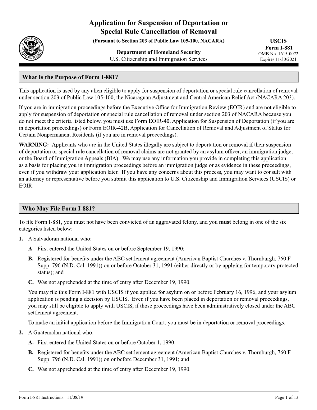 Form I-881, Application for Suspension of Deportation