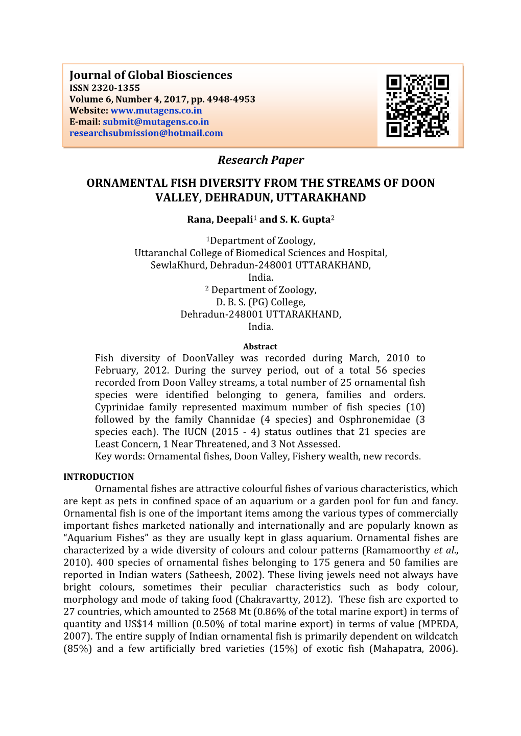 Research Paper ORNAMENTAL FISH DIVERSITY from the STREAMS of DOON VALLEY, DEHRADUN, UTTARAKHAND