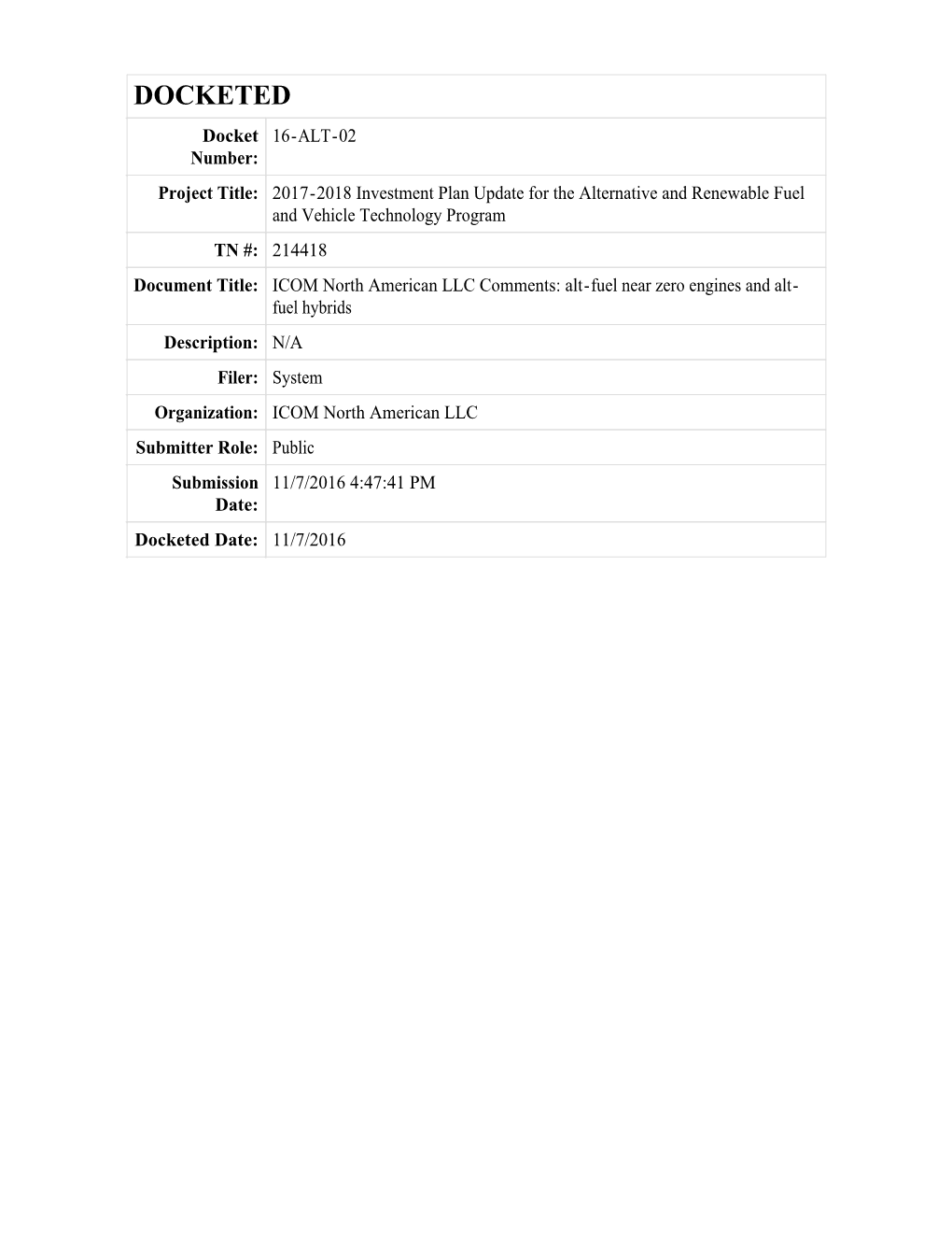 ICOM North American LLC Comments