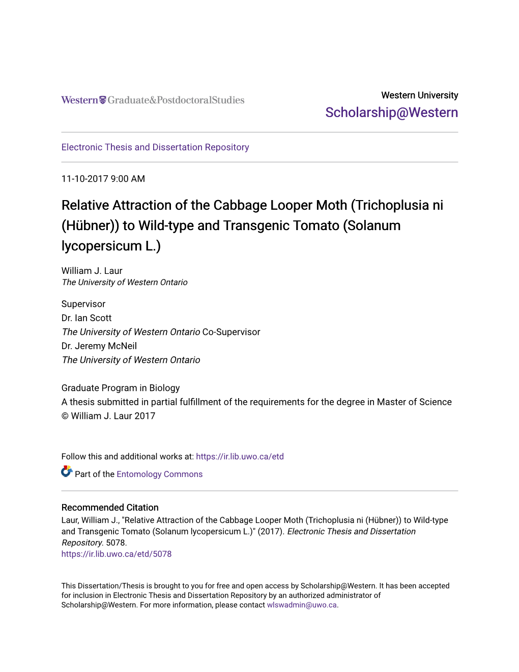 Relative Attraction of the Cabbage Looper Moth (Trichoplusia Ni (Hübner)) to Wild-Type and Transgenic Tomato (Solanum Lycopersicum L.)