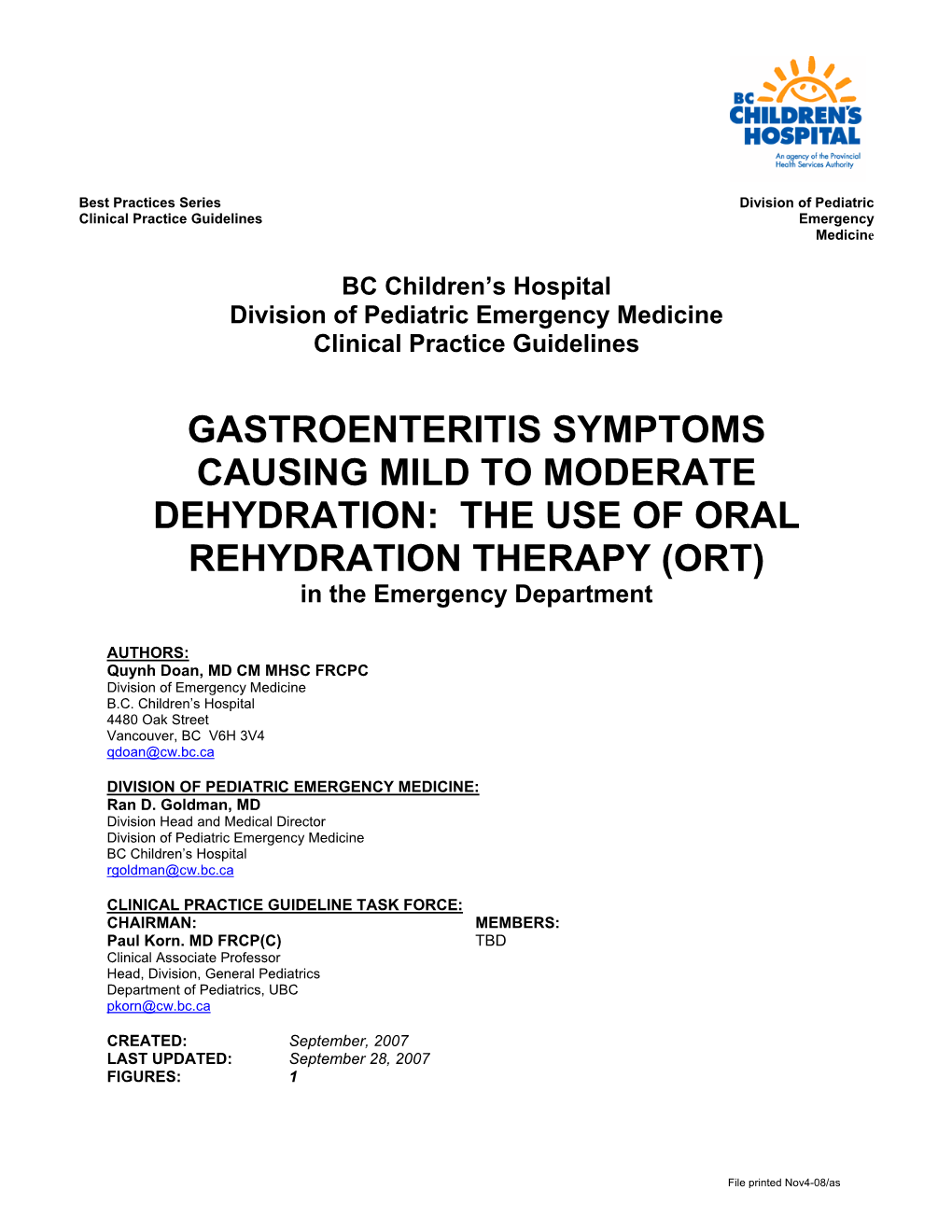 THE USE of ORAL REHYDRATION THERAPY (ORT) in the Emergency Department