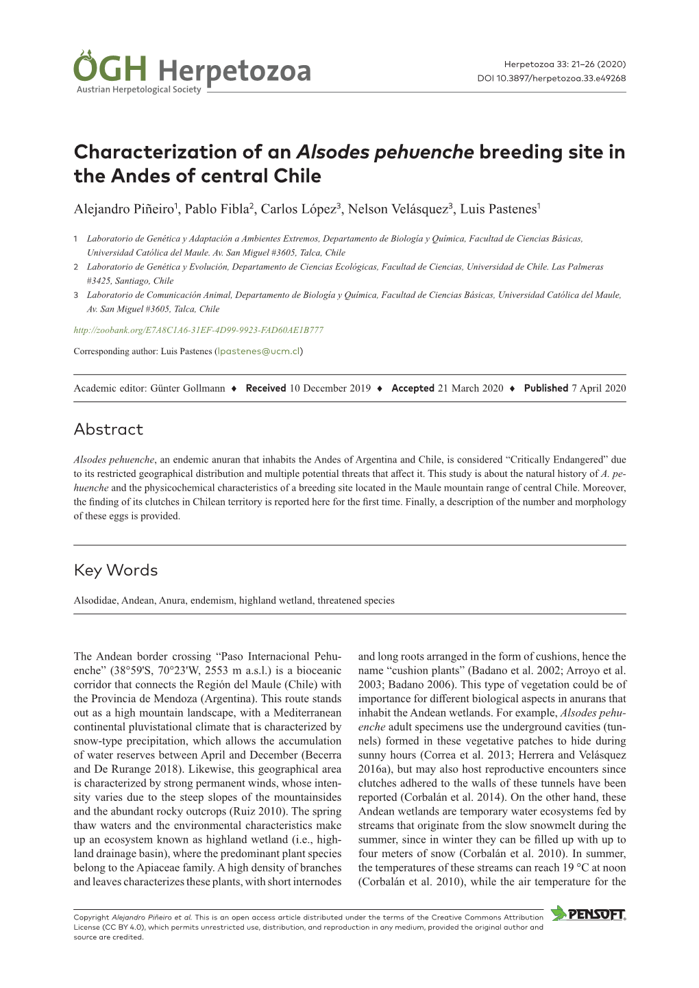 Characterization of an Alsodes Pehuenche Breeding Site in the Andes of Central Chile