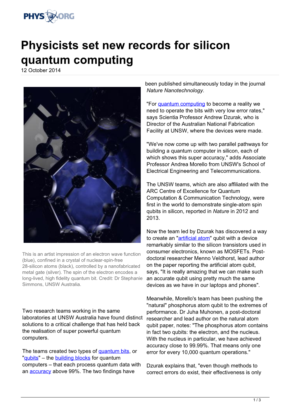 Physicists Set New Records for Silicon Quantum Computing 12 October 2014