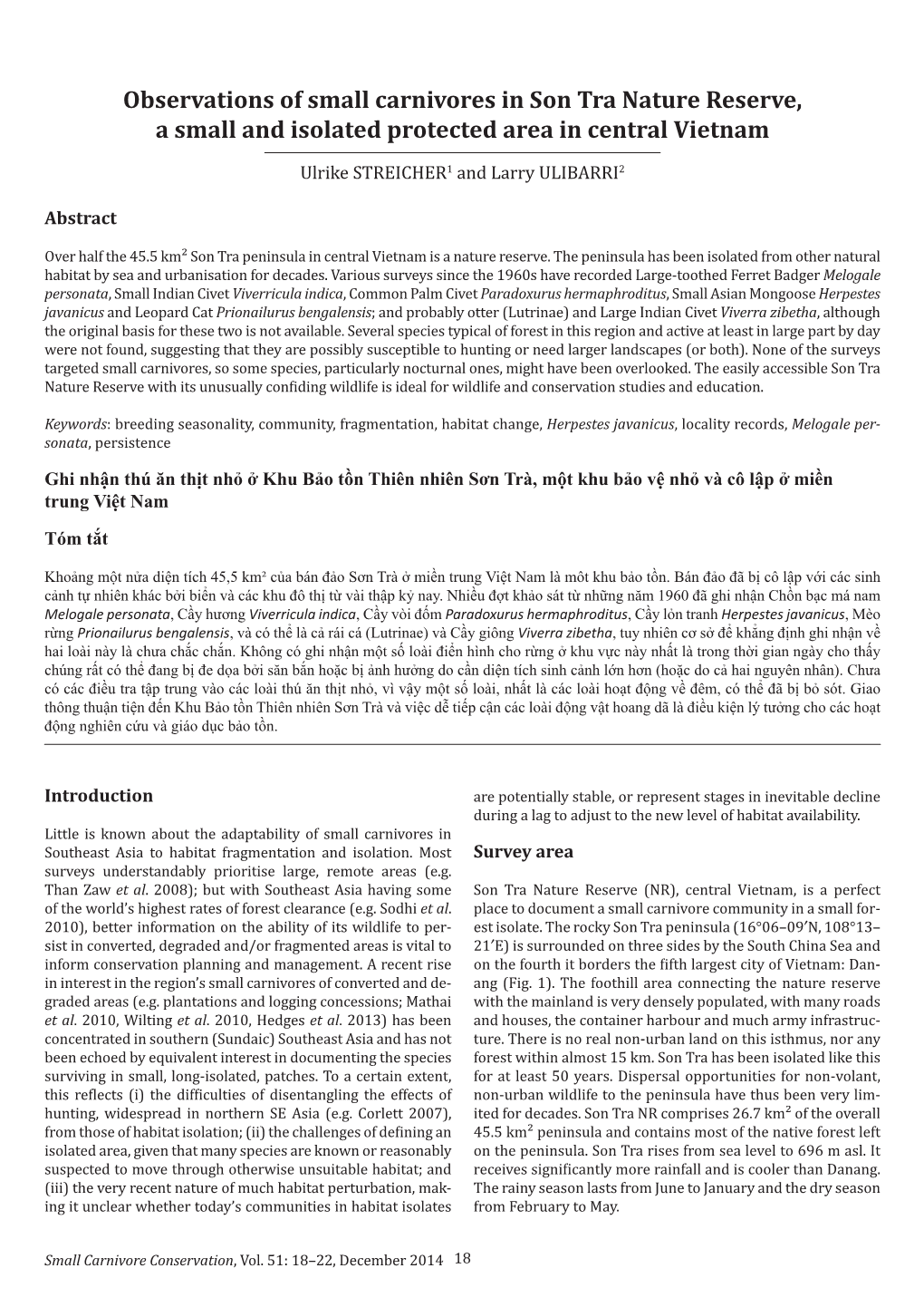 Observations of Small Carnivores in Son Tra Nature Reserve, a Small and Isolated Protected Area in Central Vietnam