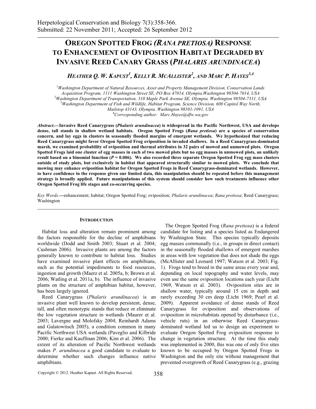 Oregon Spotted Frog (Rana Pretiosa) Response to Enhancement of Oviposition Habitat Degraded by Invasive Reed Canary Grass (Phalaris Arundinacea)