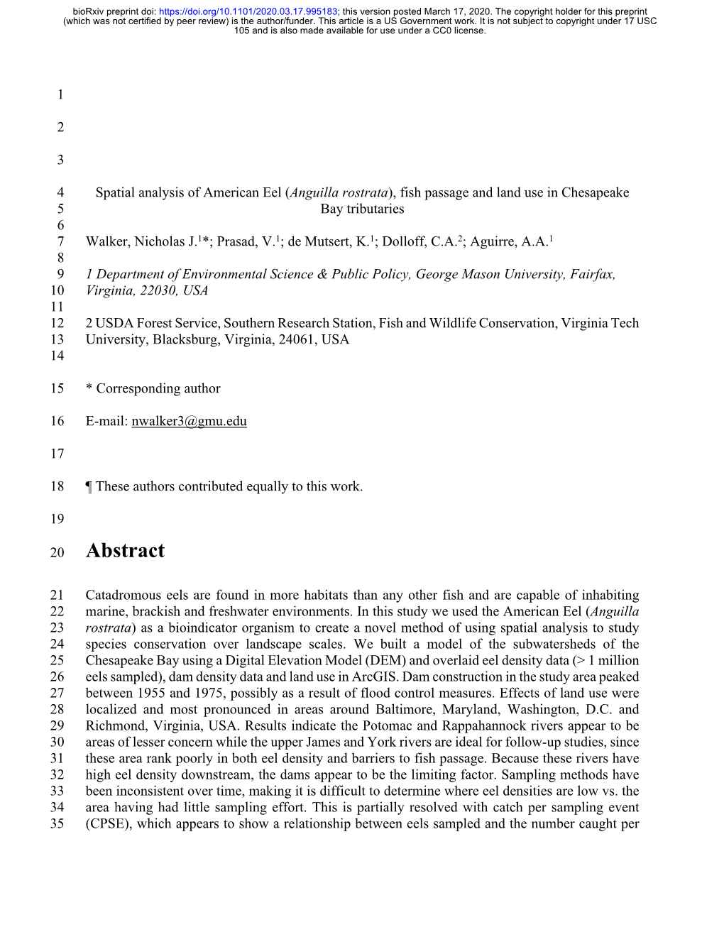 Spatial Analysis of American Eel (Anguilla Rostrata)