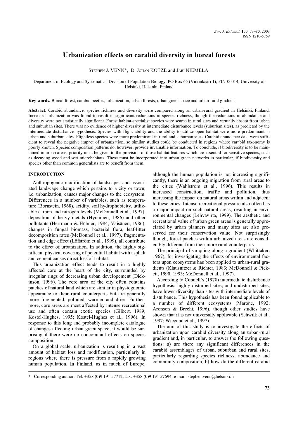 Urbanization Effects on Carabid Diversity in Boreal Forests