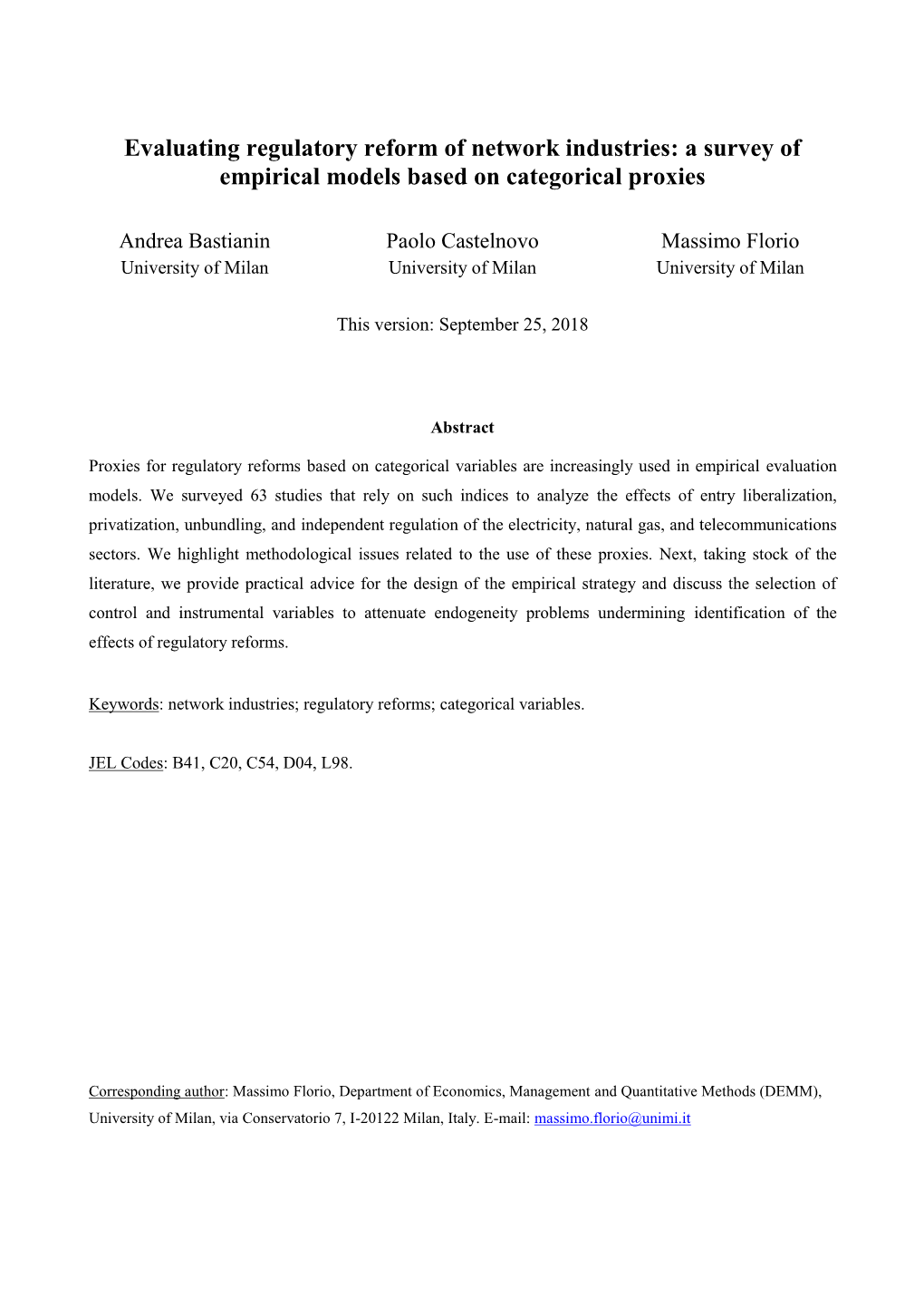 Evaluating Regulatory Reform of Network Industries: a Survey of Empirical Models Based on Categorical Proxies