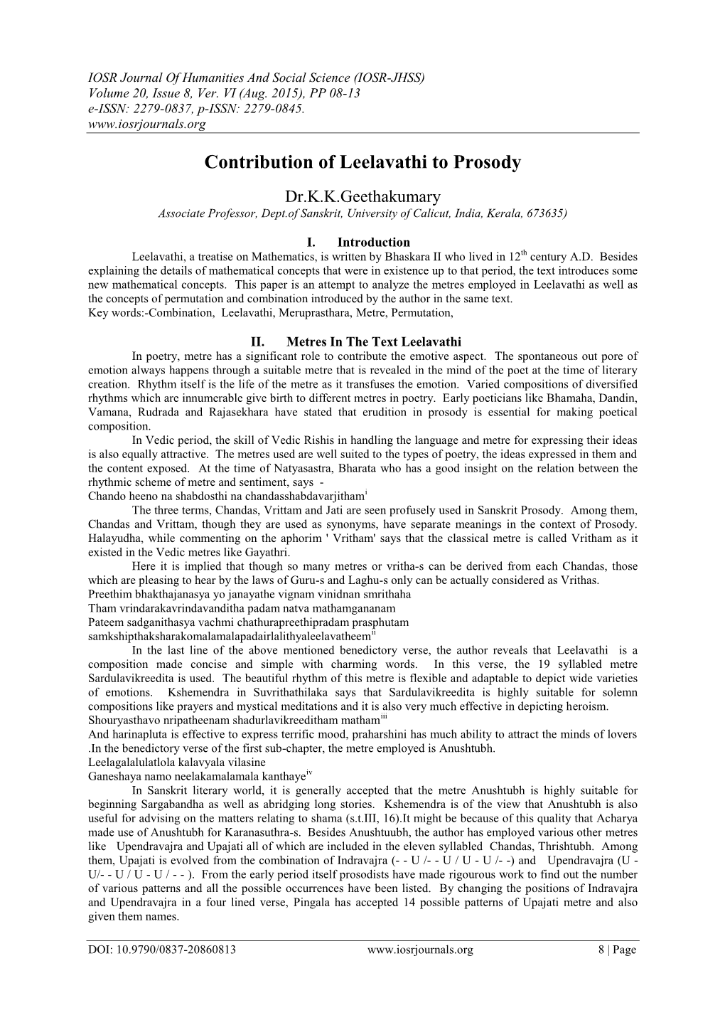 Contribution of Leelavathi to Prosody