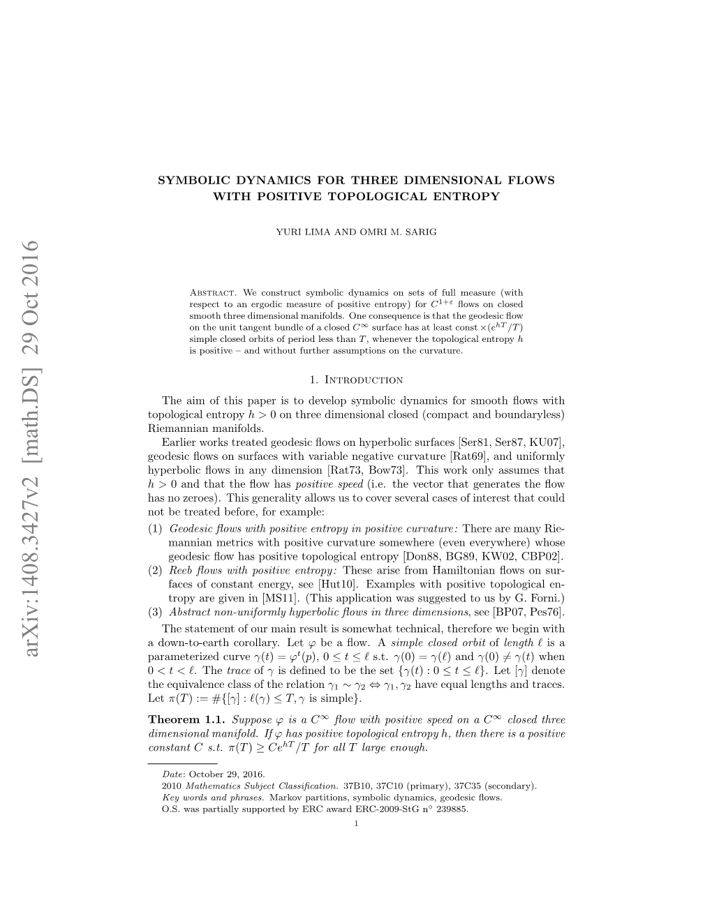 Arxiv:1408.3427V2 [Math.DS] 29 Oct 2016 Parameterized Curve Γ(T) = Φ (P), 0 ≤ T ≤ ` S.T