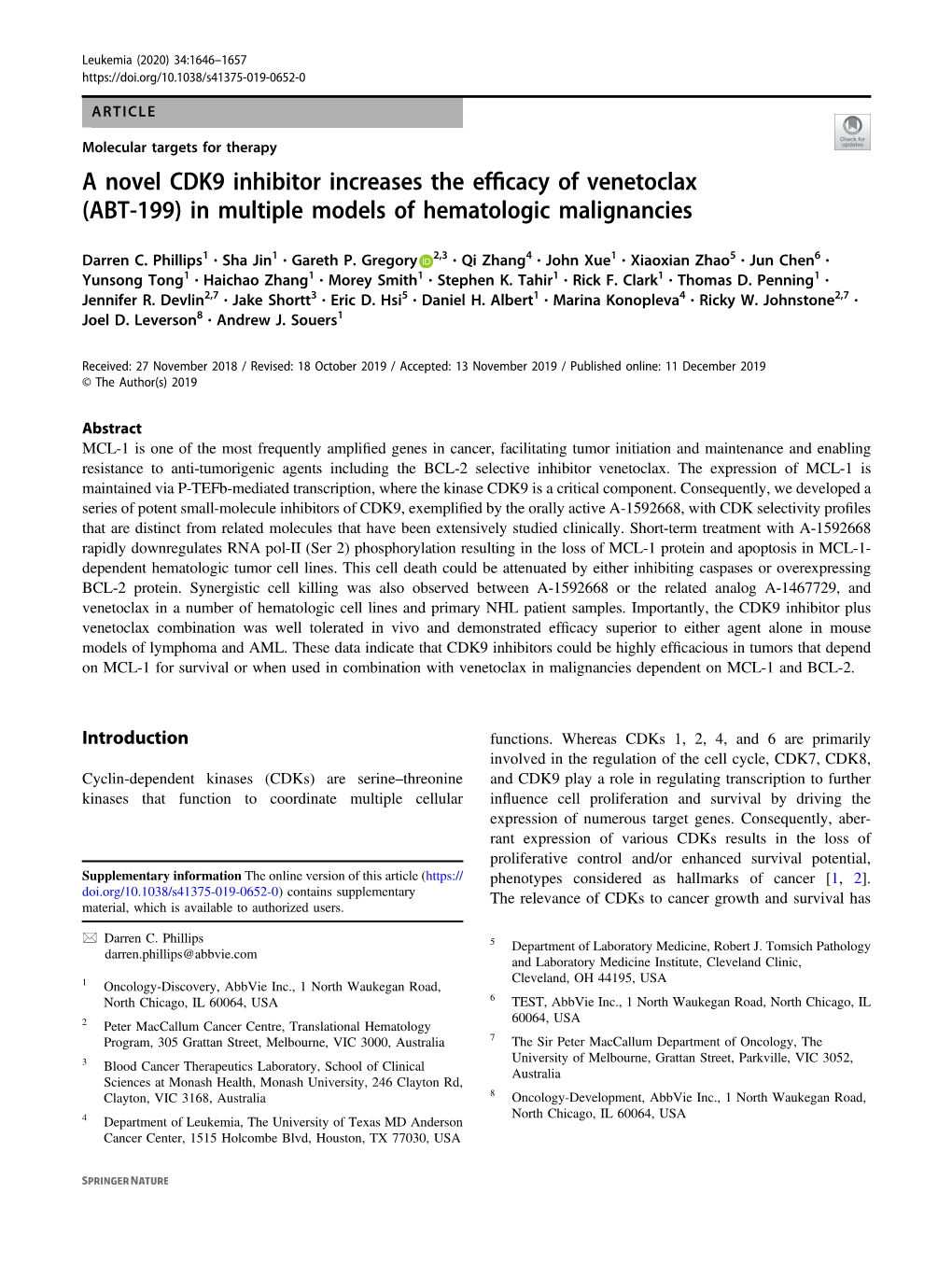 A Novel CDK9 Inhibitor Increases the Efficacy of Venetoclax (ABT-199) in Multiple Models of Hematologic Malignancies