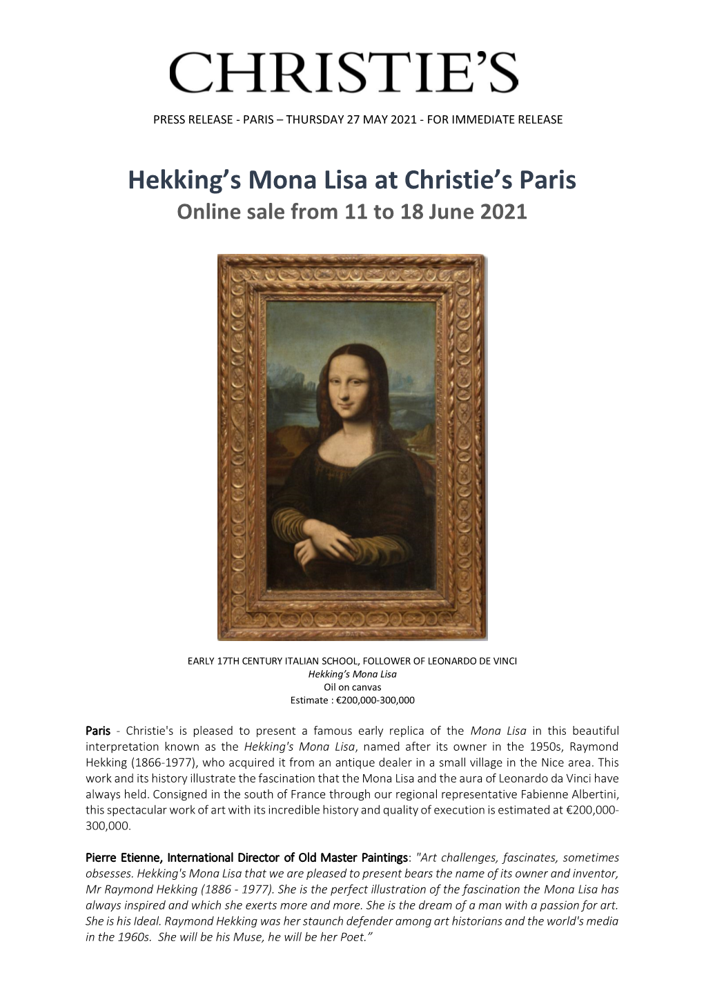 Hekking's Mona Lisa at Christie's Paris