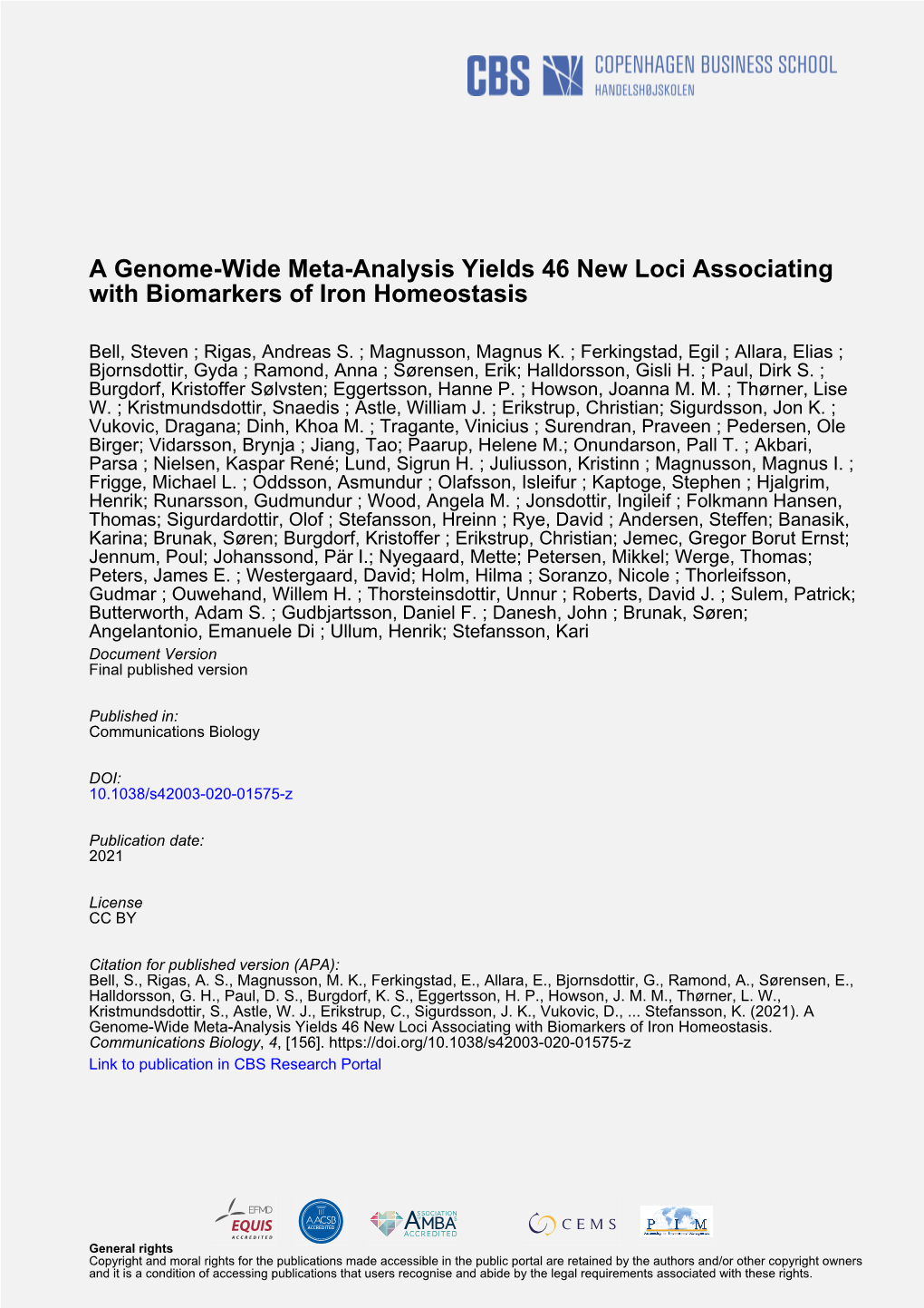 A Genome-Wide Meta-Analysis Yields 46 New Loci Associating with Biomarkers of Iron Homeostasis