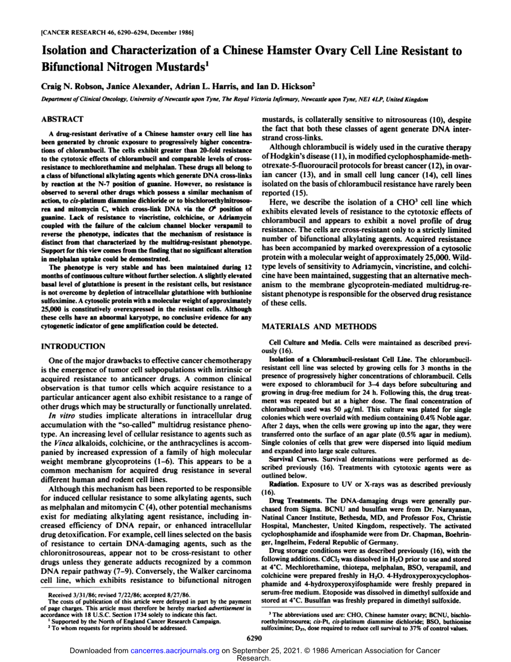 Isolation and Characterization of a Chinese Hamster Ovary Cell Line Resistant to Bifunctional Nitrogen Mustards1