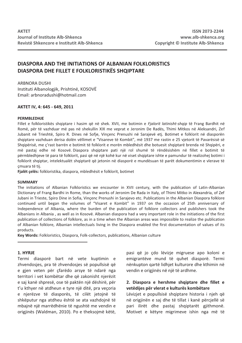 Diaspora and the Initiations of Albanian Folkloristics Diaspora Dhe Fillet E Folkloristikës Shqiptare