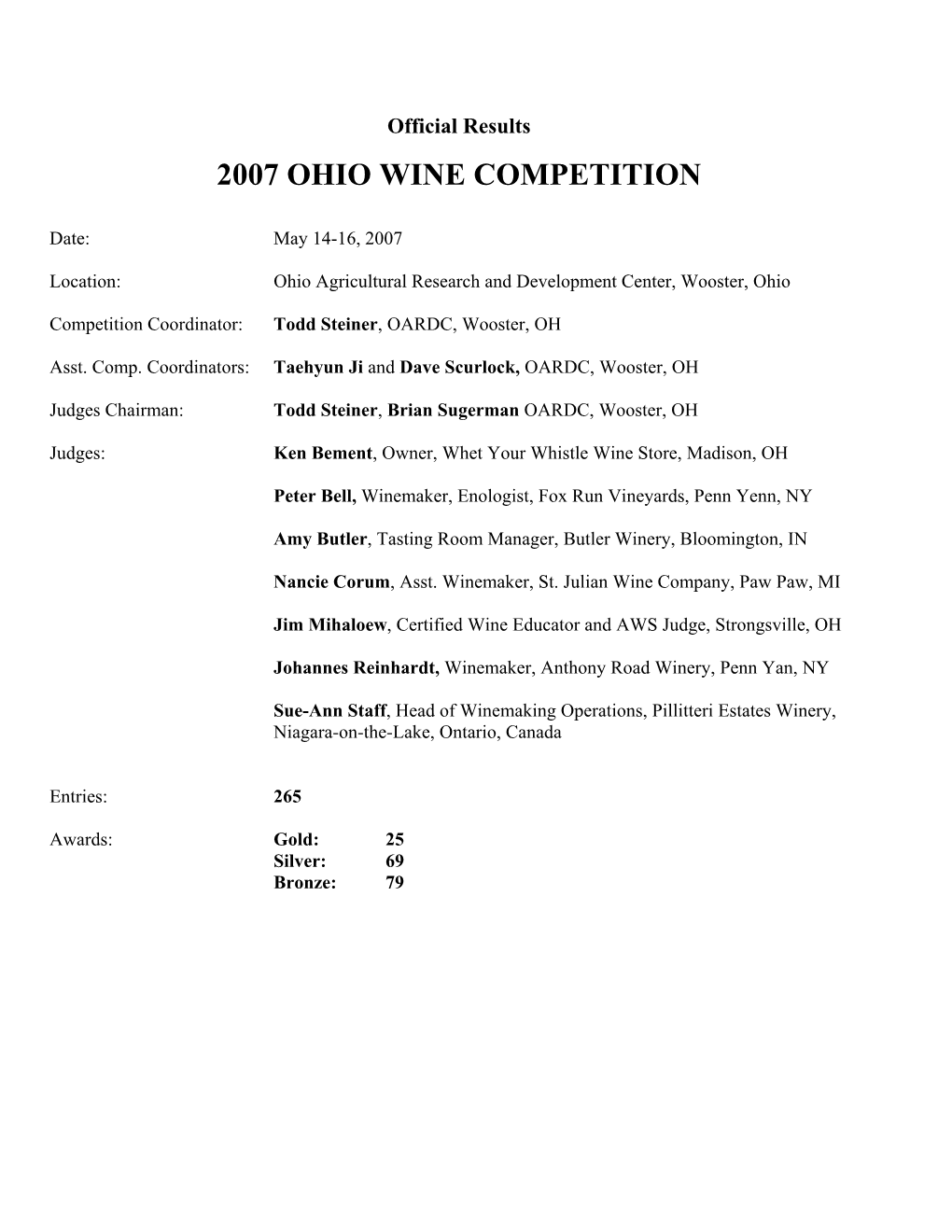 2007 Ohio Wine Competition