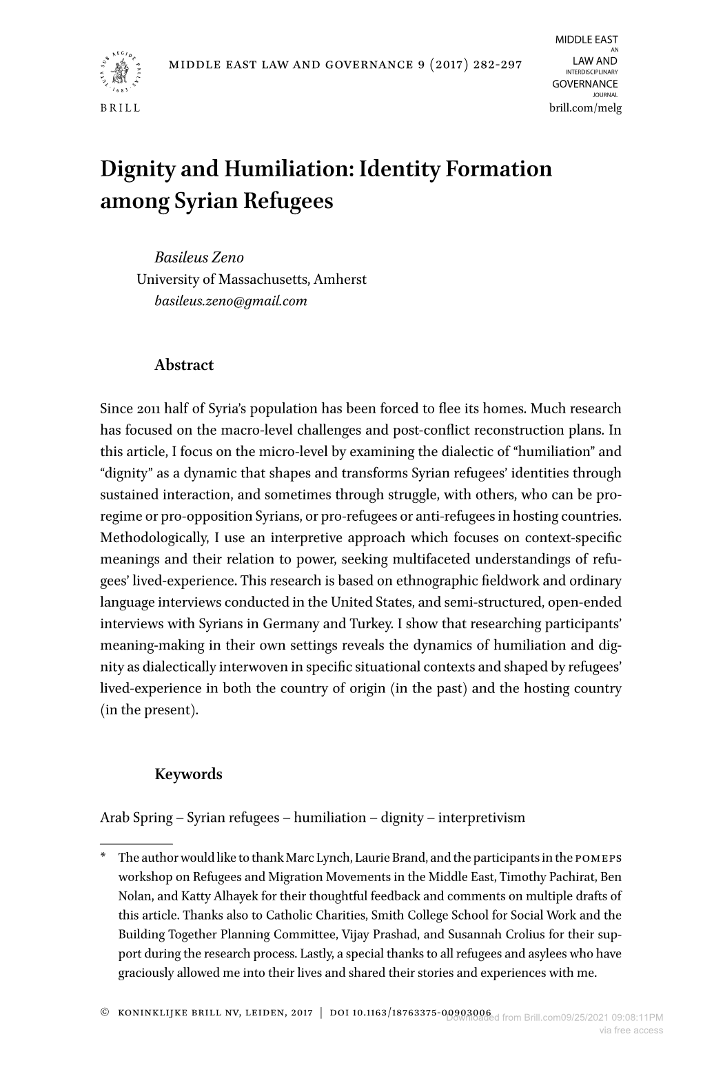 Dignity and Humiliation: Identity Formation Among Syrian Refugees
