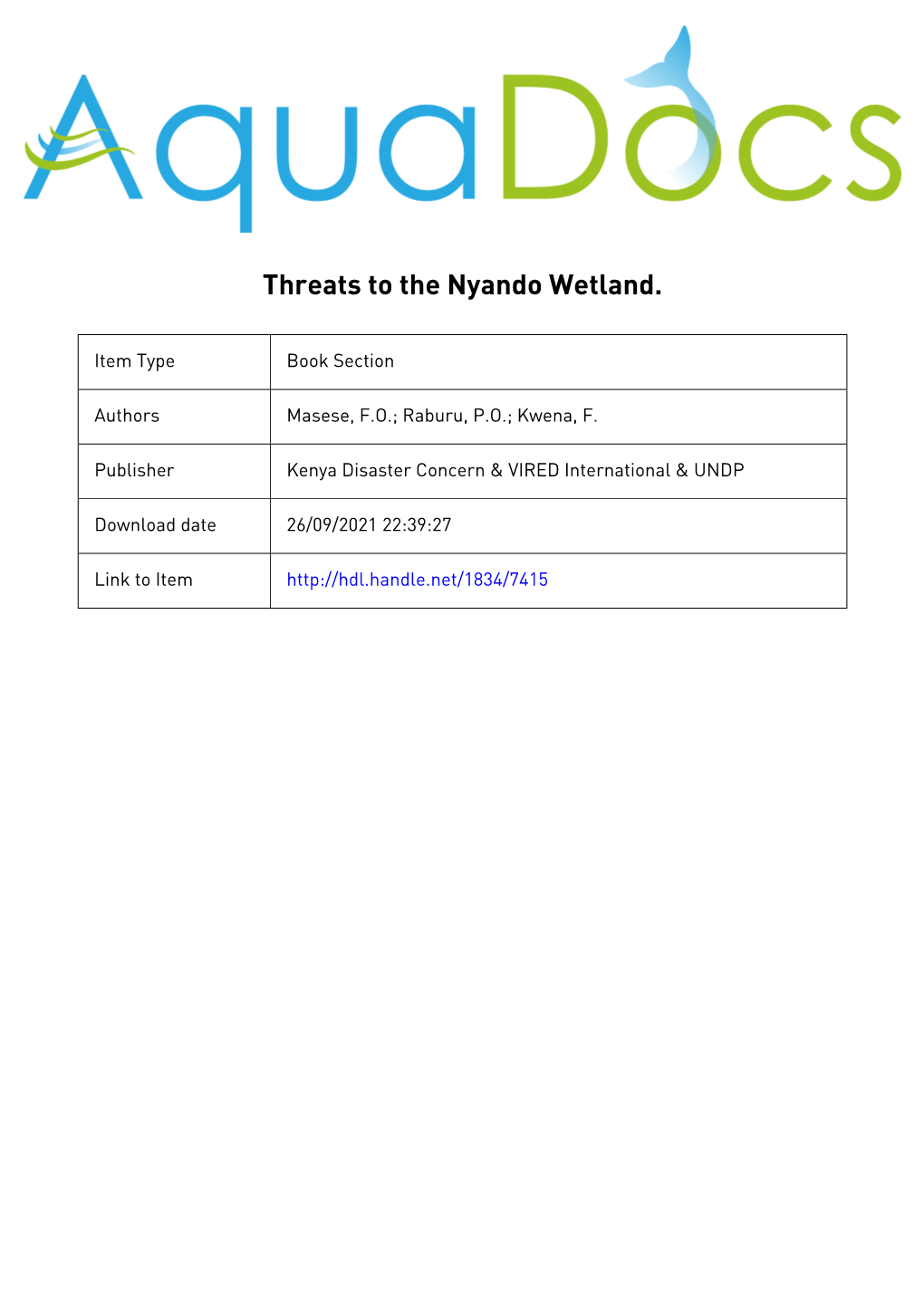 Threats to the Nyando Wetland CHAPTER 5