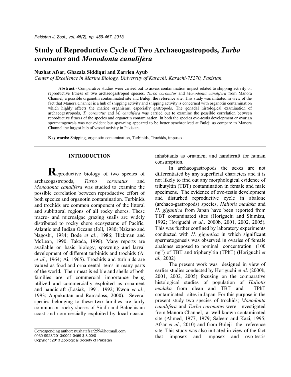 Study of Reproductive Cycle of Two Archaeogastropods, Turbo Coronatus and Monodonta Canalifera
