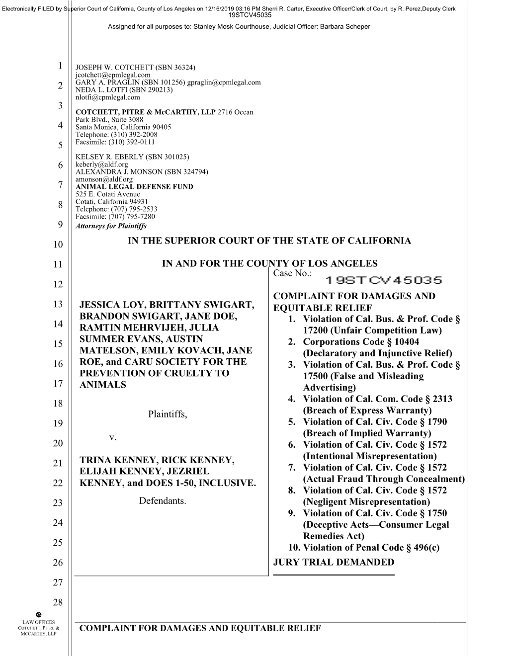 Complaint for Damages and 13 Jessica Loy, Brittany Swigart, Equitable Relief Brandon Swigart, Jane Doe, 14 1